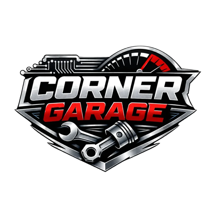 Cornergarage-Logo in Rot und Metalloptik